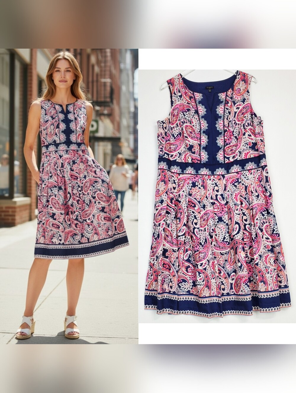 Talbots plus 14 W paisley fit flare dress pleated sleeveless blue multi bohemian